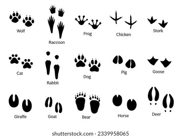 Black silhouette of paw prints of different animals isolated on white. Vector set footprints