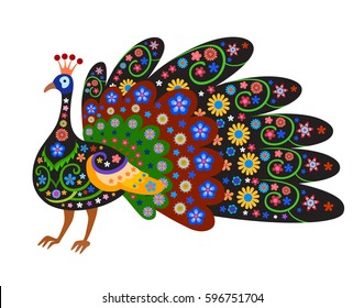 Black silhouette of peacock with with ethnic pattern and naive style colorful flowers. Perfect card or any kind of design