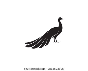 Black silhouette of a peacock isolated on a white background. Editable vector illustration suitable for wildlife, birds, nature, zoo, and decorative design projects.