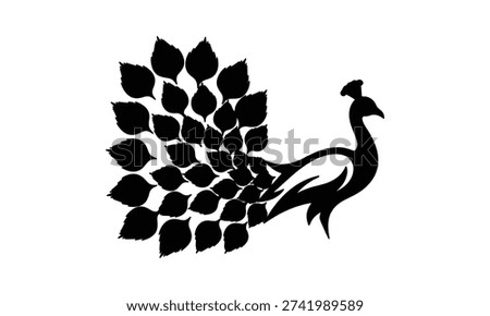 Black silhouette of a peacock with spread tail feathers standing alone