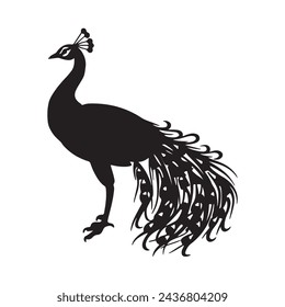  black silhouette of a Peacock with thick outline side view isolated