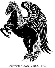 black silhouette of pegasus vector illustration - winged horse side view black and white design