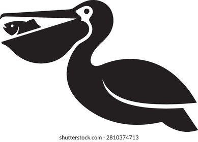 Black silhouette of pelican with fish in its open mouth and large pouch, natural wildlife vector.