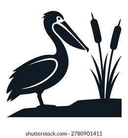 Black silhouette of pelican standing next to cattail plants on white background icon