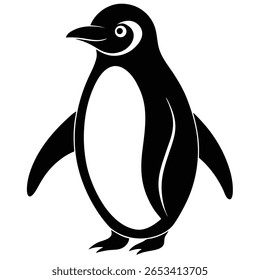 A silhueta preta de um pinguim em pé é caracterizada, suas curvas suaves criando um vetor simples, mas reconhecível em um fundo transparente.