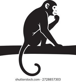 Schwarze Silhouette eines pensiven Affen auf einem Ast sitzend kontemplativ aussehend