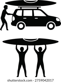 Black silhouette of people carrying and loading a surfboard onto a car