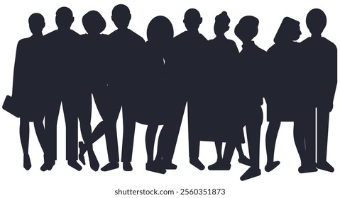 Black silhouette people crowd. Flat vector illustration isolated on white background.