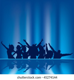 Black silhouette people on blue background