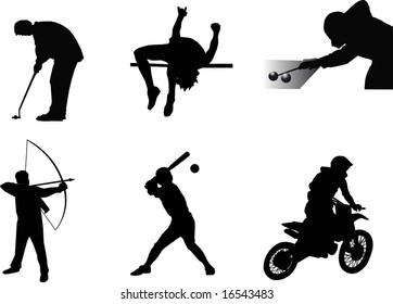 black silhouette of the people on white background which go in for different sports