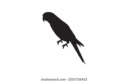 Black silhouette of a perched parrot on a clean white background, ideal for design, logo, or tropical-themed projects.