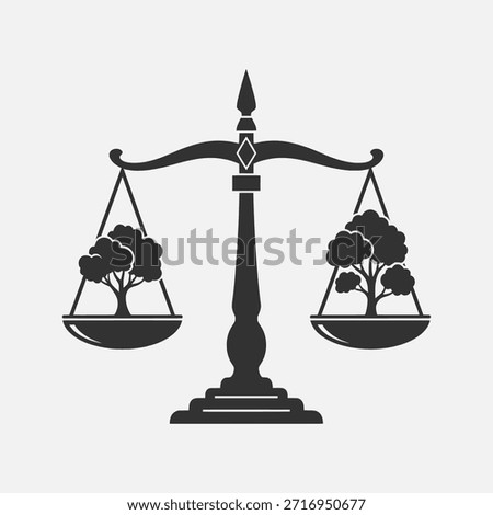 A black silhouette of a perfectly balanced scale with a tree on each pan, symbolizing environmental justice, sustainability, and the equilibrium between nature and human impact.