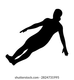 A black silhouette of a person appearing to fall or float in midair, with arms and legs extended, against a plain white background.