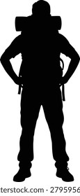 A black silhouette of a person with a backpack standing with hands on hips, viewed from the front, on a white background