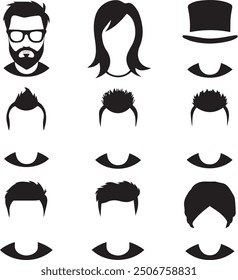 black silhouette of a person with a beard wearing glasses, silhouette of awoman with long hair, a black silhouette of a person with a top hat, a black silhouette of a person with a mohawk, a b