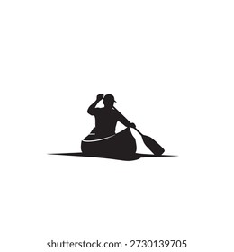A black silhouette of a person in a canoe using a paddle representing outdoor sports and water activities.