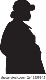 Black silhouette of person in cap and a coat looking side her hands in pocket