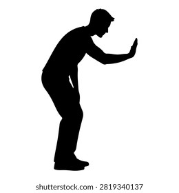 Black silhouette of a person in a defensive posture, arms raised, against a white background, illustrating caution or readiness.