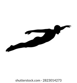Black silhouette of a person diving with arms extended, captured mid-air against a plain white background, emphasizing motion and athleticism.
