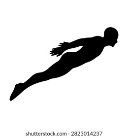 A black silhouette of a person diving, captured in midair with arms extended forward and legs straight, against a white background.