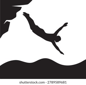 A black silhouette of a person diving from a cliff into water.