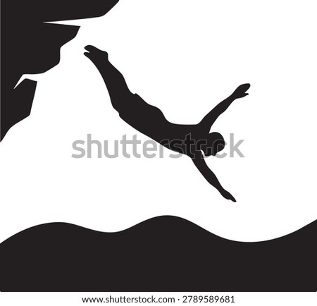A black silhouette of a person diving from a cliff into water.