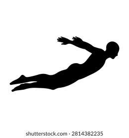 Black silhouette of a person diving or flying through the air against a white background, capturing motion and freedom.