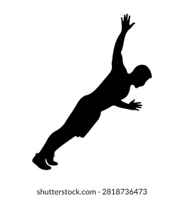 A black silhouette of a person diving forward with arms extended, capturing a dynamic and energetic movement against a plain white background.