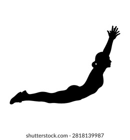 A black silhouette of a person diving with one arm extended upward, captured in mid-air against a plain white background, emphasizing motion and athleticism.