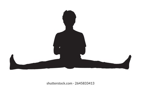 black silhouette of a person doing a front split with legs extended on white background for yoga or stretching concept	