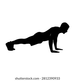 Black silhouette of a person doing a push-up, emphasizing strength and fitness in a dynamic pose.