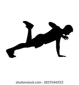 Black silhouette of a person doing a push-up exercise, emphasizing strength and fitness in a dynamic pose.