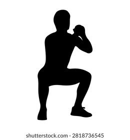 Black silhouette of a person doing a squat exercise, demonstrating fitness and strength, isolated on a plain white background.