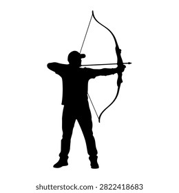 A black silhouette of a person drawing a bow, focusing on archery skills and concentration, set against a plain white background.