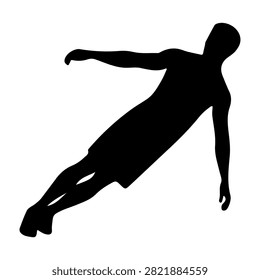A black silhouette of a person in a dynamic pose, appearing to fall or float in midair, with a plain white background emphasizing motion and form.