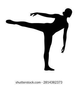 Black silhouette of a person executing a balancing yoga pose, showcasing flexibility, strength, and concentration in a dynamic stance.
