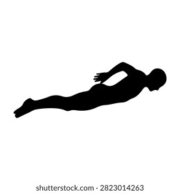 Black silhouette of a person floating horizontally in water, emphasizing relaxation, calmness, and tranquility in a minimalistic style.