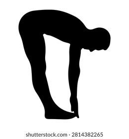 A black silhouette of a person in a forward bend yoga pose, emphasizing flexibility and balance, on a plain white background.