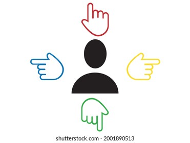 
Black silhouette of person with four hands around him pointing in red, yellow, green and blue. Indecision. Decide which way to go