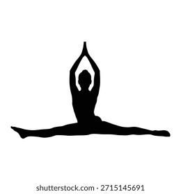Silueta negra de una persona en una pose de yoga dividida completa con las manos juntas sobre la cabeza flexibilidad