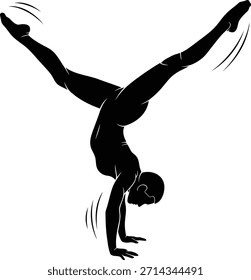 Una silueta negra de una persona en una pose dividida de mano sobre un fondo blanco. Los brazos de la figura sostienen el cuerpo, con las piernas extendidas muy separadas en el aire.