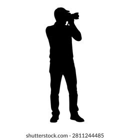 A black silhouette of a person holding a camera up to their eye, capturing a photograph, against a plain background.