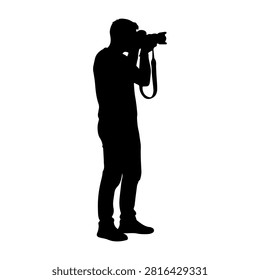 Black silhouette of a person holding a camera, capturing a photo, with a plain white background, emphasizing photography and creativity.