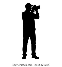 Black silhouette of a person holding a camera, capturing a photo, emphasizing photography, creativity, and visual arts in a minimalistic style.