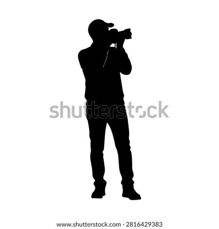 A black silhouette of a person holding a camera, capturing a photo, emphasizing photography, creativity, and visual arts in a minimalistic style.