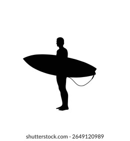 Black silhouette of a person holding a surfboard against a white background. Simple vector graphic style.