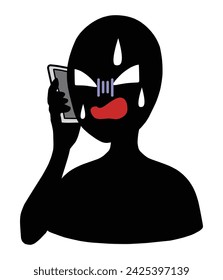 A black silhouette of a person with the image of a villain talking on a confused smartphone