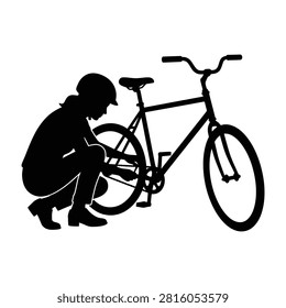 Black silhouette of a person kneeling down to repair a bicycle chain. Concept of bike maintenance, outdoor sports preparation, and mechanical repair service isolated.