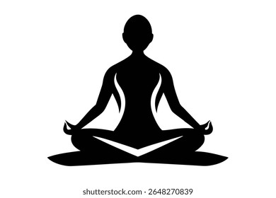 Black silhouette of a person in a lotus meditation pose against a white background. Simple vector graphic with stylized lines.