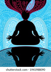Black silhouette of a person in a lotus position and his reflection. Decorative composition with ornamental elements. Bluish coloring.
